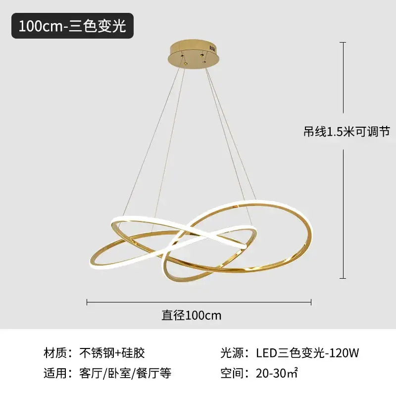 Luxe four leaf gold stainless steel pendant lamp with three interlocking rings and adjustable cords for dining room