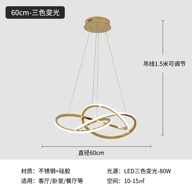 Luxe four leaf gold stainless steel pendant lamp with three interlocking rings and adjustable chain for dining room