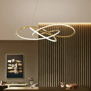 Luxe four leaf gold stainless steel pendant lamp with intertwined circular rings and illuminated led strips for dining room
