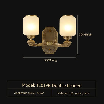 Antique brass double-headed wall sconce with frosted glass shades complements decorbites jade chandelier living space