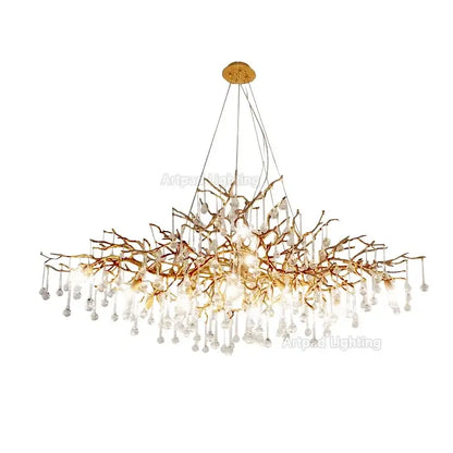 Luxe gold branch crystal led chandelier with clear crystal droplets and bulbs for living room lighting