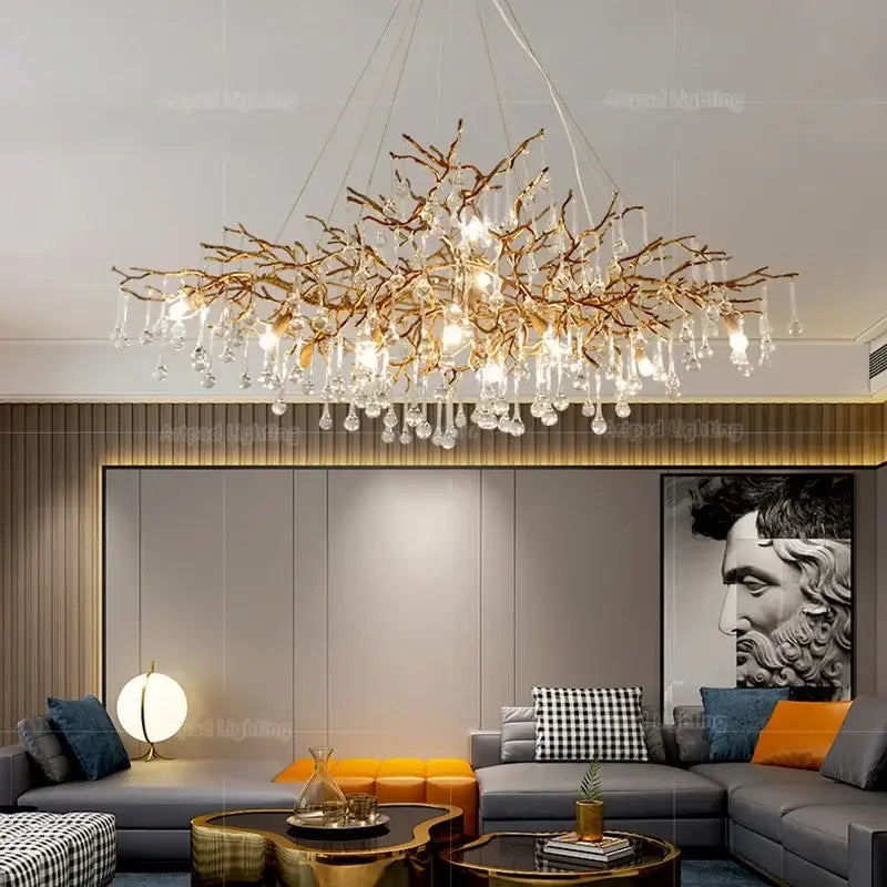 Luxe gold branch crystal led chandelier with dangling crystal droplets for living room lighting and decor
