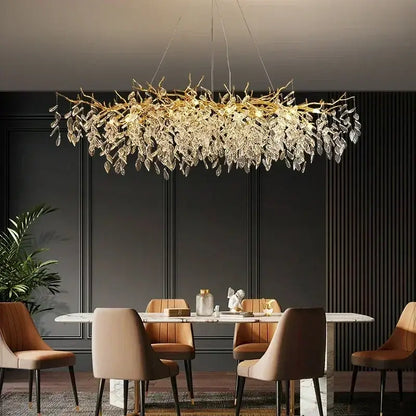 Luxe gold crystal branch pendant light with dangling crystal leaves for elegant living room decorbites crystal branch chandelier