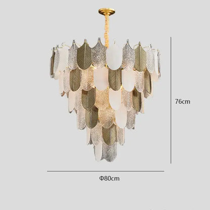 Luxe gold crystal indoor chandelier with cascading leaf-shaped glass panels in gold silver and frosted white by decorbites crystal indoor
