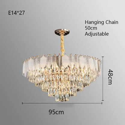 Elegant multi-tiered decorbites crystal indoor chandelier with gold-toned metal frame and adjustable hanging chain for living room decor