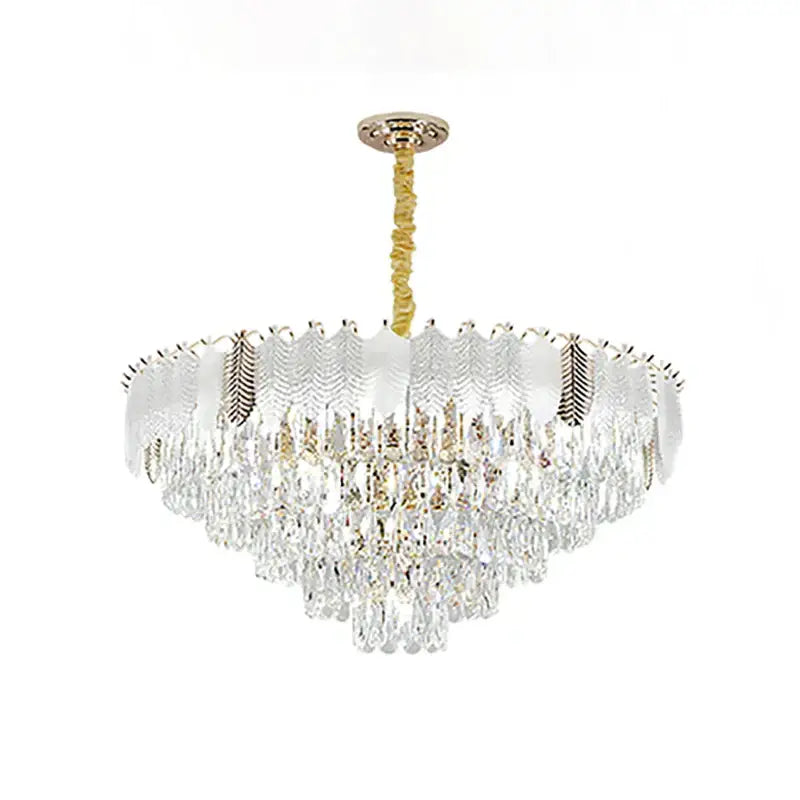 Luxe gold crystal indoor chandelier with gold metal frame and cascading clear prisms by decorbites crystal indoor