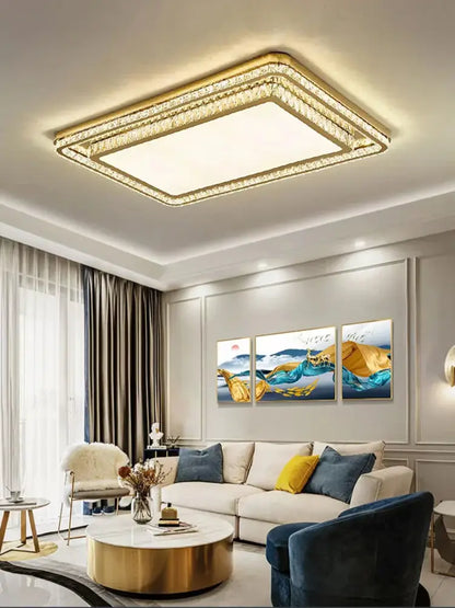 Gold-framed rectangular crystal led ceiling chandelier with crystal embellishments for dining room decorbites crystal led