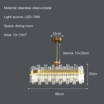 Luxe gold crystal round ceiling chandelier with cascading clear prisms on a stainless steel frame for dining room decorbites crystal round