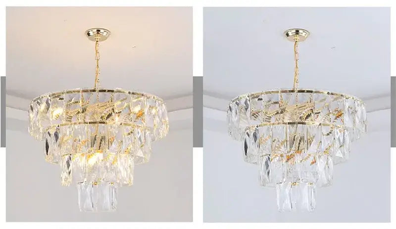 Luxe gold steel crystal pendant light chandelier featuring gold-toned multi-tiered frame with clear crystal droplets