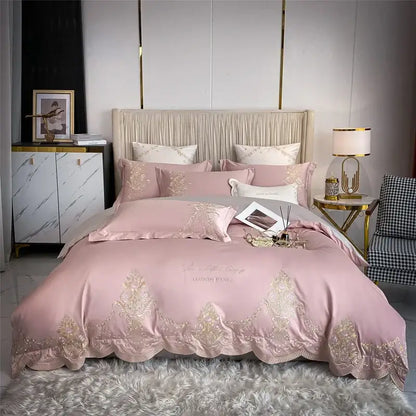 Pink satin bedding set with gold embroidery and scalloped edges from decorbites 1000tc egyptian collection