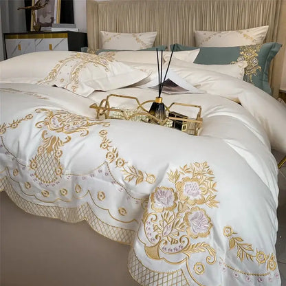 Luxe ivory bedding set with white satin fabric and intricate gold and lavender embroidery from decorbites 1000tc egyptian