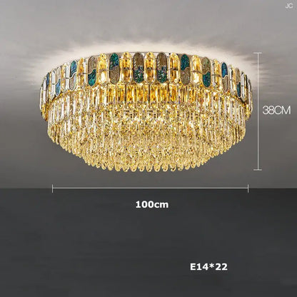 Gold-toned tiered crystal chandelier with cascading teardrops and green gold silver inlays for dimmable led sea shell decorbites