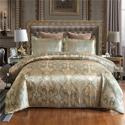 Luxurious cream and bronze jacquard satin bedding set with gold and silver damask pattern for elegant decorbites jacquard satin luxury