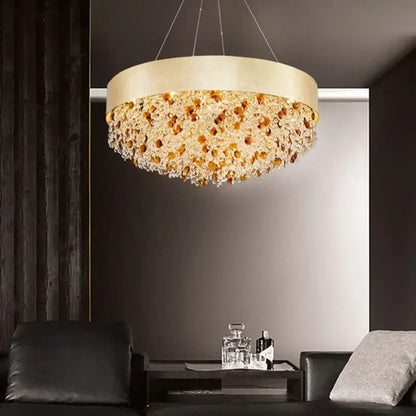 Luxurious gold-toned decorbites circular crystal chandelier with cascading amber and clear beads for living room pendant light