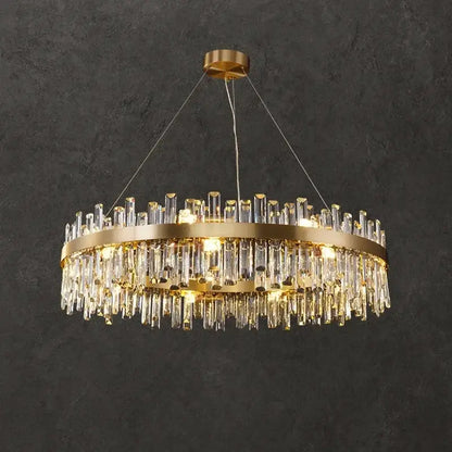 Luxurious gold crystal led chandelier with clear crystal prisms hanging from a circular frame for living room use