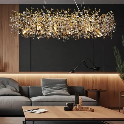 Luxurious gold crystal sunflower branch chandelier with intricate gold-toned branches and clear dangling crystals for dining room decorbites crystal sunflower