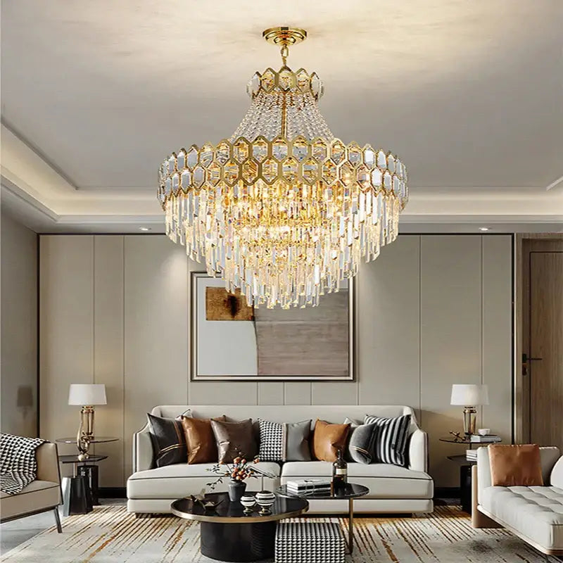 Luxurious gold hexagonal pendant lamp with decorbites deluxe crystal led design and cascading crystal droplets dining room decor