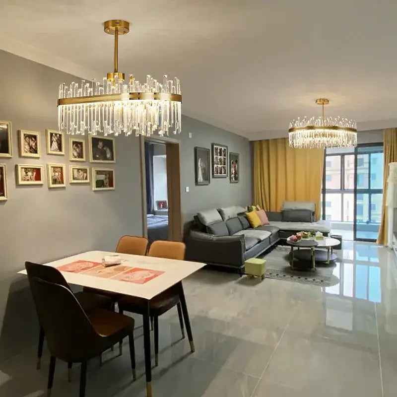 Luxurious decorbites gold round crystal pendant light with cascading crystal prisms for living room decor