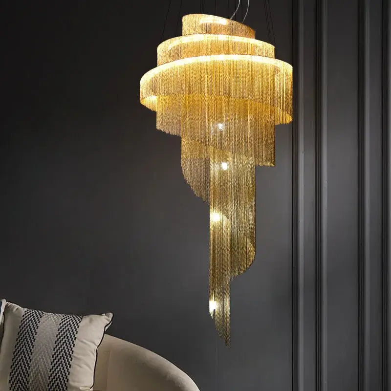 Luxurious gold and silver aluminum chain chandelier with tiered rings and cascading hanging chains for living room light