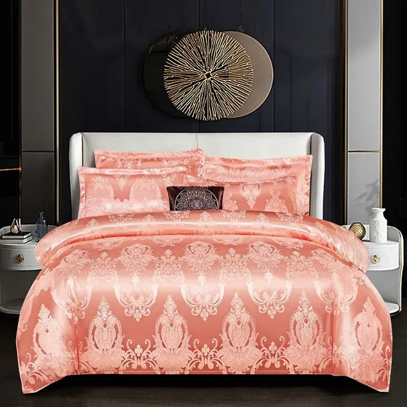 Pink satin duvet cover with intricate white damask pattern in luxuriously designed decorbites jacquard satin bedding set