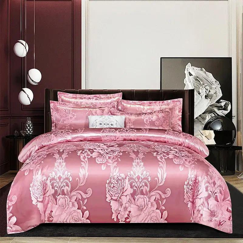Pink satin bedding set with intricate floral and damask patterns complementing decorbites jacquard satin summer collection