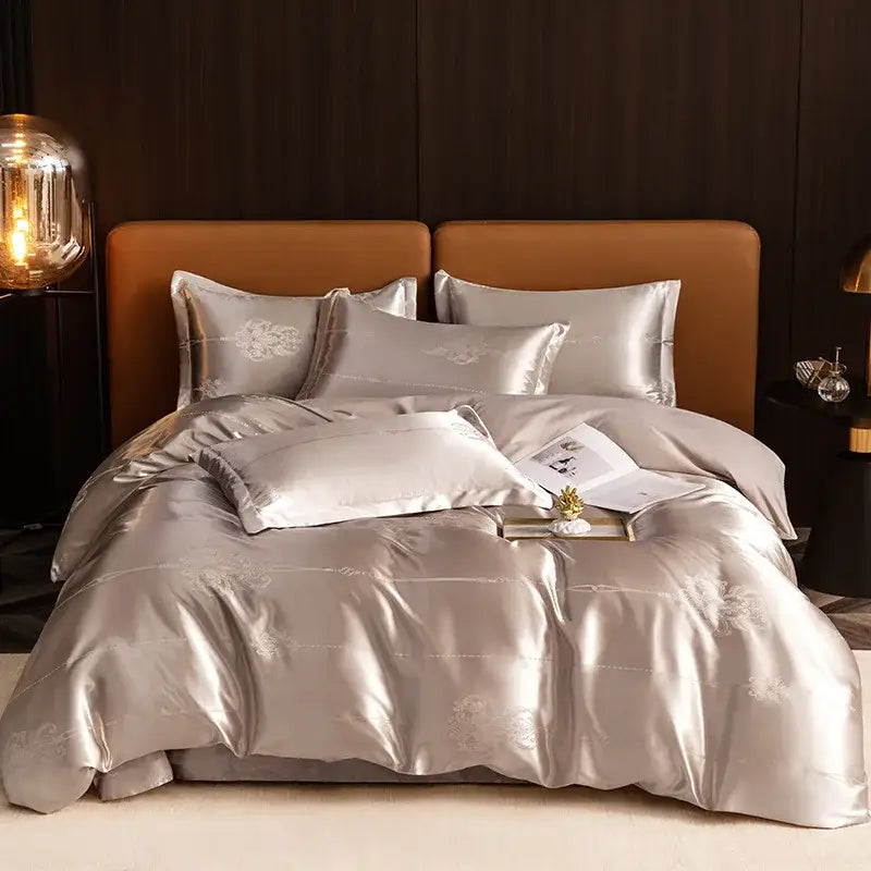 Silver satin bedding set with subtle floral embroidery featuring decorbites jacquard satin summer style elegance