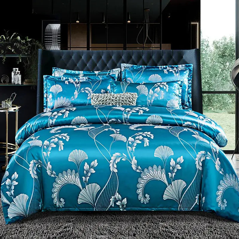 Teal satin bedding set with white floral leaf patterns in decorbites jacquard satin summer bedroom duvet cover