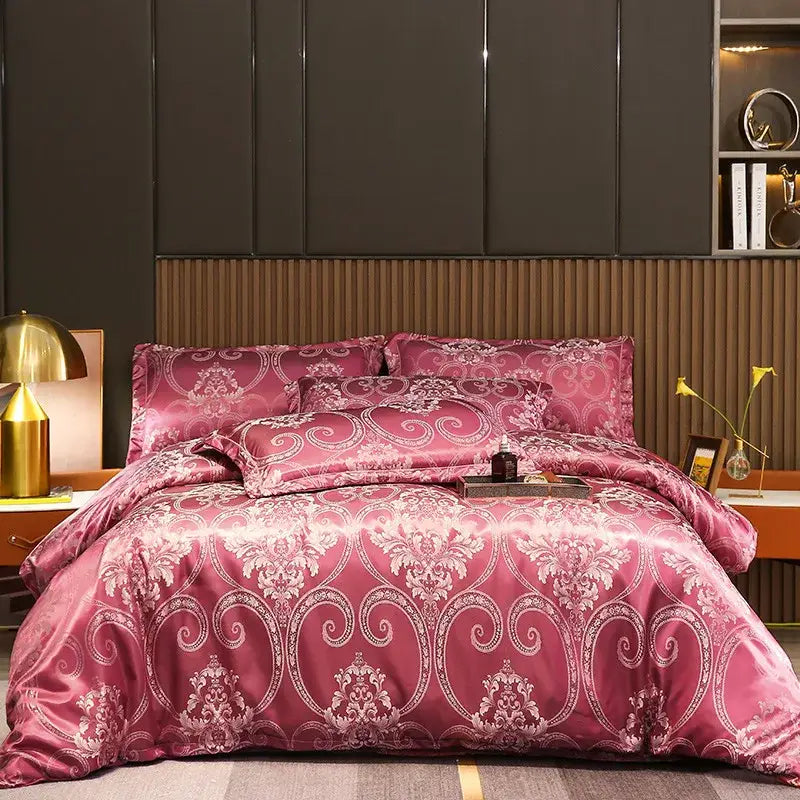 Luxurious gold and teal jacquard satin bedding set with a plush pink satin duvet featuring white damask patterns for decorbites jacquard satin summer