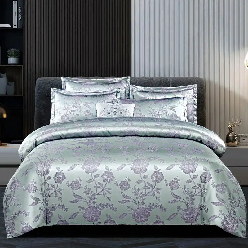 Luxury satin duvet set in soft mint green with purple floral embroidery for decorbites jacquard satin summer bedding set