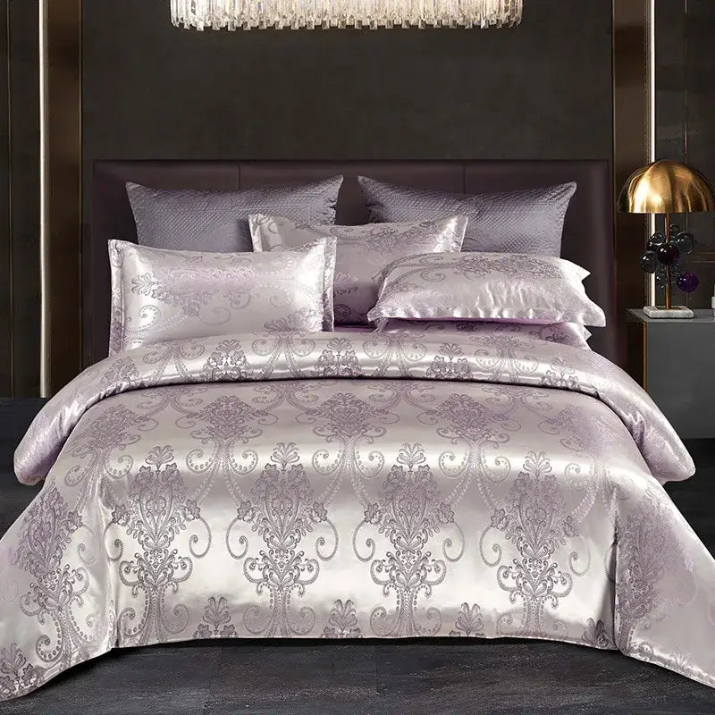 Luxurious gold and teal jacquard satin bedding set with luxe lavender satin duvet cover featuring silver damask embroidery