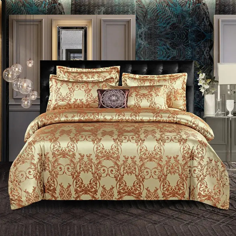 Luxurious gold and cream damask-patterned bedding set in decorbites jacquard satin for elegant summer bedroom decor