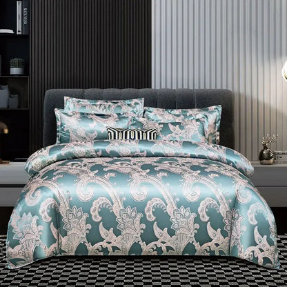 Teal satin bedding set with intricate silver white baroque embroidery in decorbites jacquard satin summer style