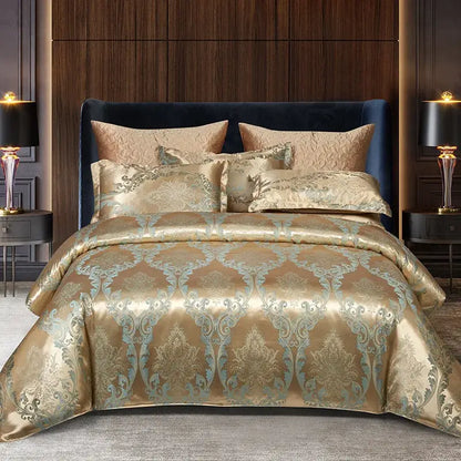 Luxurious gold and teal jacquard satin bedding set with damask pattern for decorbites jacquard satin summer use