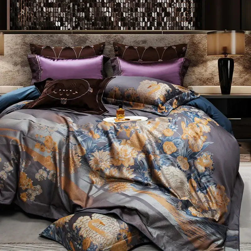 Luxurious gray and gold floral satin 1500tc egyptian cotton jacquard bedding set with purple brown and navy pillows