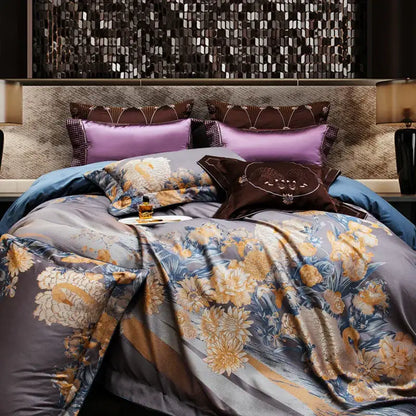 Luxurious gray and gold floral satin bedding set with matching pillows made from 1500tc egyptian cotton jacquard
