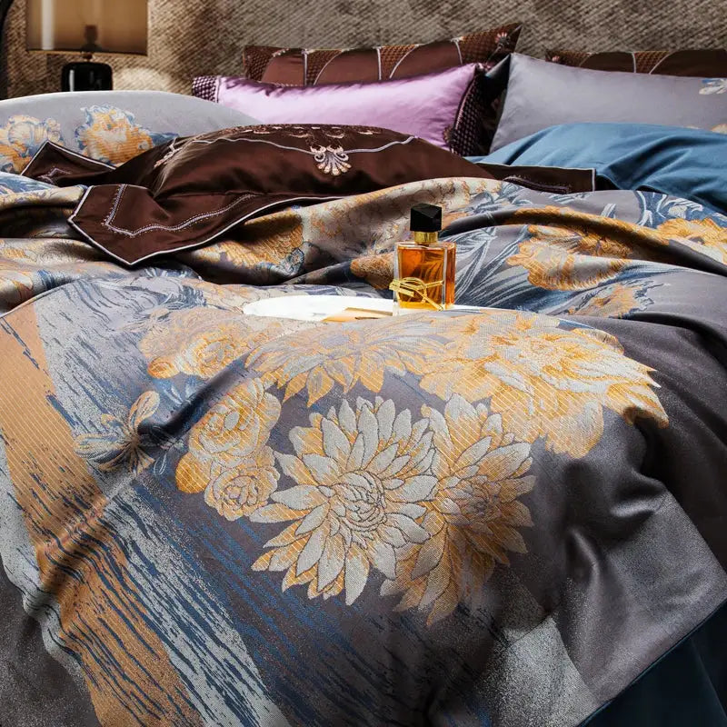 Luxurious dark gray satin duvet cover with gold and white floral embroidery in 1500tc egyptian cotton jacquard bedding set