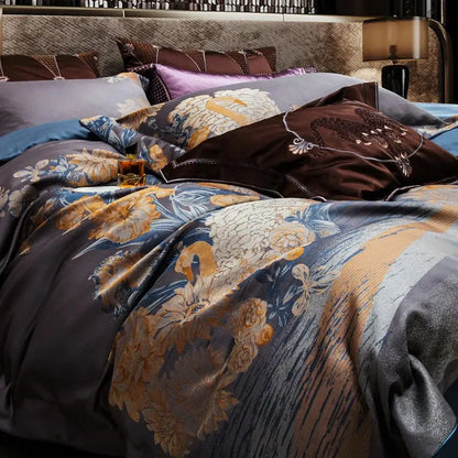 Luxurious dark blue satin duvet cover with gold floral embroidery and matching pillows in a 1500tc egyptian cotton jacquard bedding set