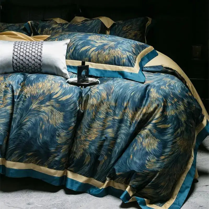 Luxurious navy blue and gold feather patterned satin bedding set with teal and cream trim for decorbites blue starry sky