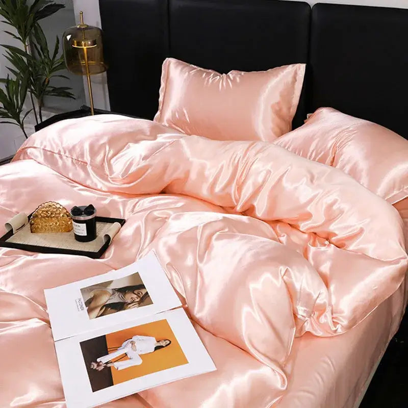 Luxurious peach satin duvet cover and pillowcase set with a smooth glossy finish made from decorbites ice rayon