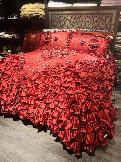 Luxurious red satin bedding set with cascading ruffles and embroidered jacquard rose lace decorbites jacquard rose details