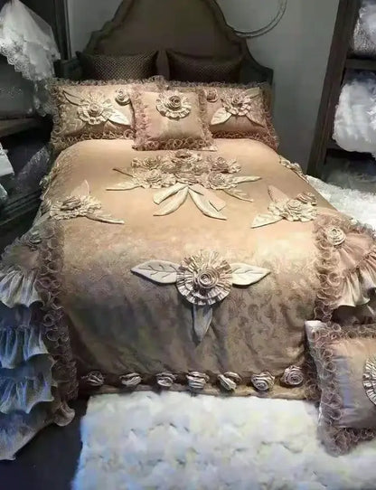Beige floral bedding set with lace trim and embroidered rose appliqués from decorbites jacquard rose lace collection