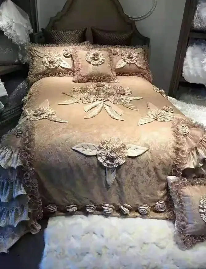 Beige floral bedding set with lace trim and embroidered rose appliqués from decorbites jacquard rose lace collection
