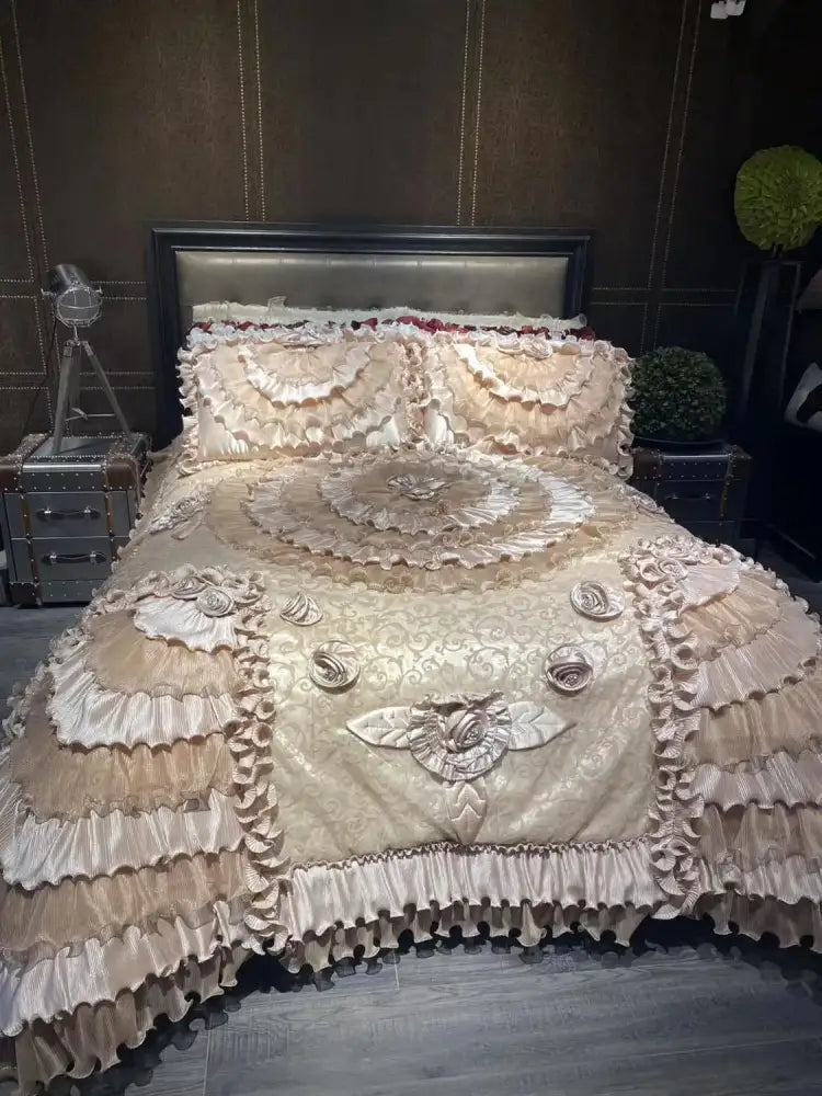Beige ruffled bedding set with floral appliqués and layered lace trim in decorbites jacquard rose lace design