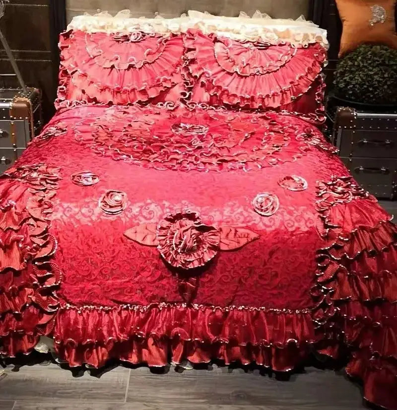 Luxurious red bedding set featuring ruffled jacquard rose lace with embroidered floral appliqués and lace trim by decorbites