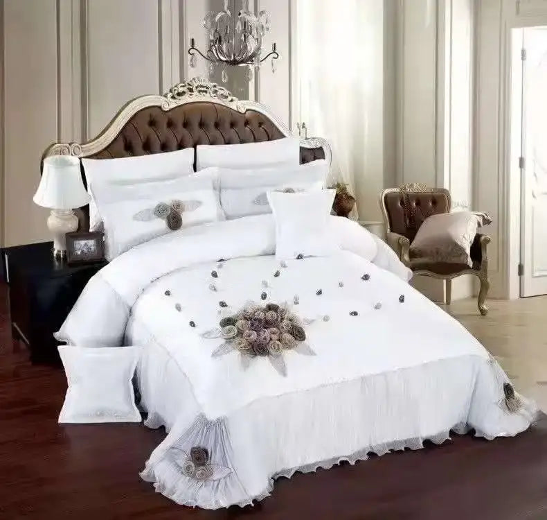 White bedding set with embroidered gray and beige floral appliqués and tufted brown headboard for decorbites jacquard rose lace