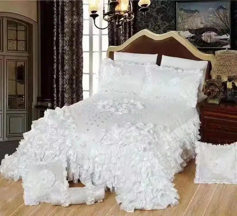 White lace bedding set with floral appliqués and ruffled edges featuring decorbites jacquard rose lace design