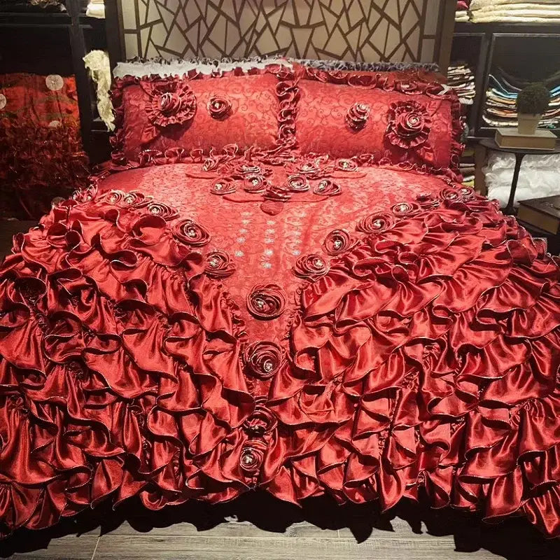 Luxurious red satin bedding set with jacquard rose lace, embroidered rose appliqués, and crystal accents by decorbites