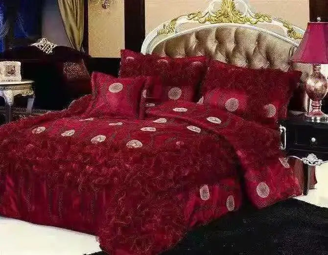 Luxurious red velvet bedding set with intricate gold jacquard rose lace embroidery and circular motifs by decorbites jacquard rose