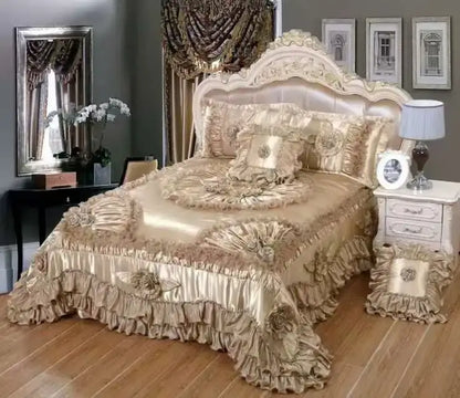 Gold satin bedspread with ruffled edges and floral appliqués in decorbites jacquard rose lace bedding set