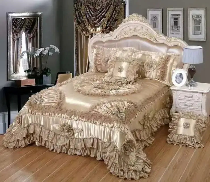 Gold satin bedspread with ruffled edges and floral appliqués in decorbites jacquard rose lace bedding set